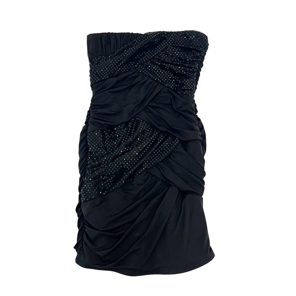 Taboo‎ Vintage Y2K Black Sequin Ruched Strapless Bodycon Mini Dress Size Medium